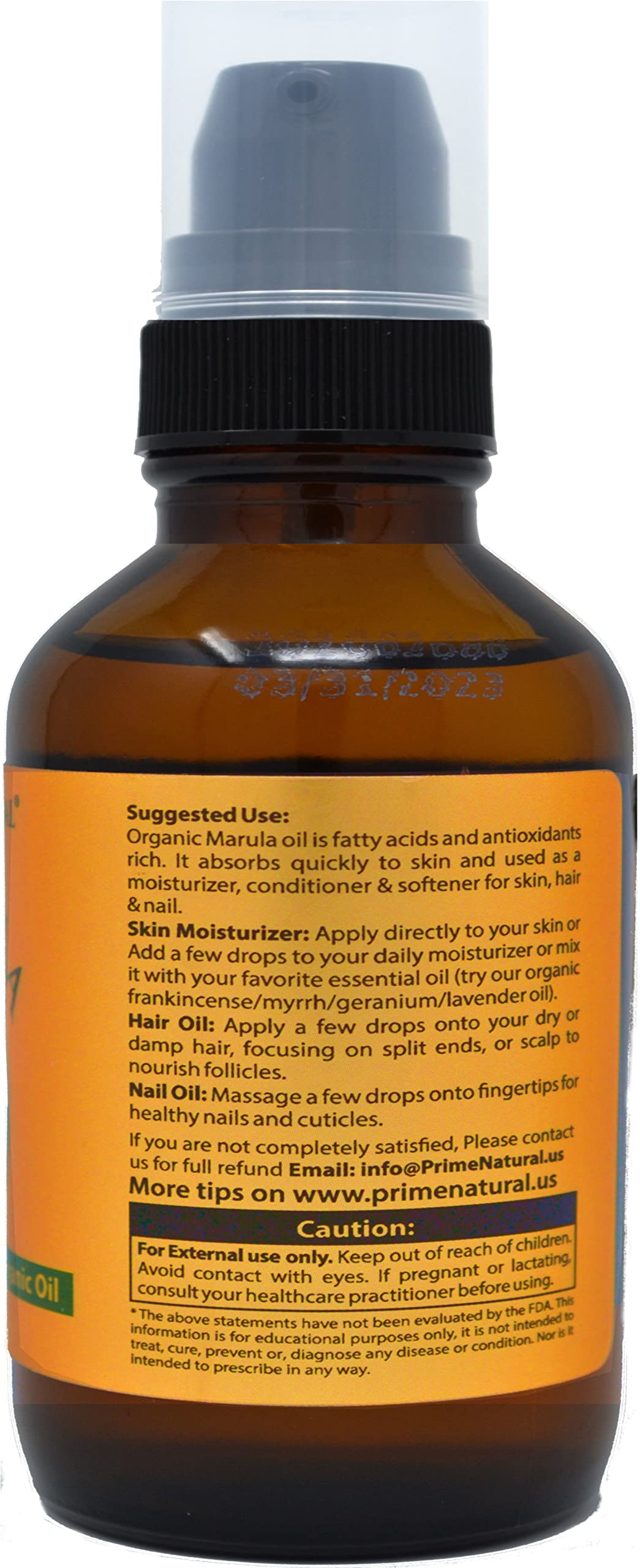 PRIME NATURAL Marula Oil pump dispensing for controlled application.