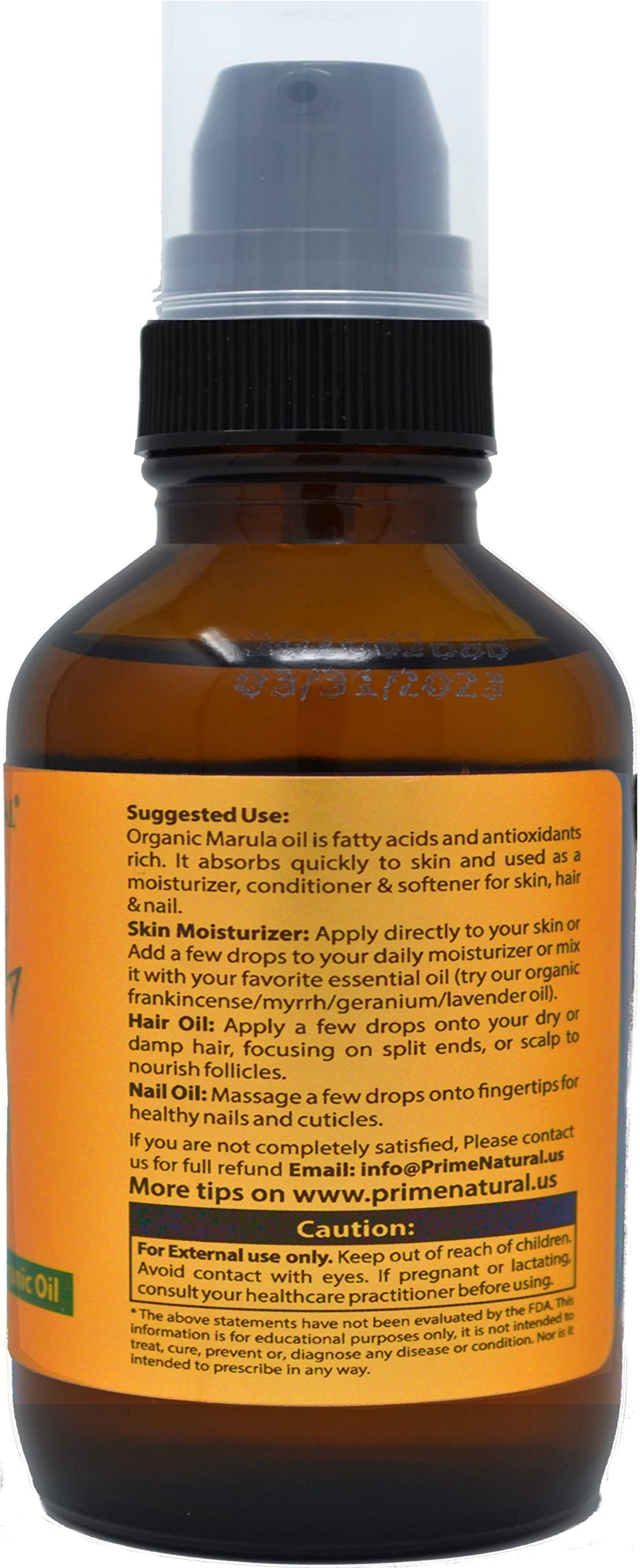 PRIME NATURAL Marula Oil pump dispensing for controlled application.