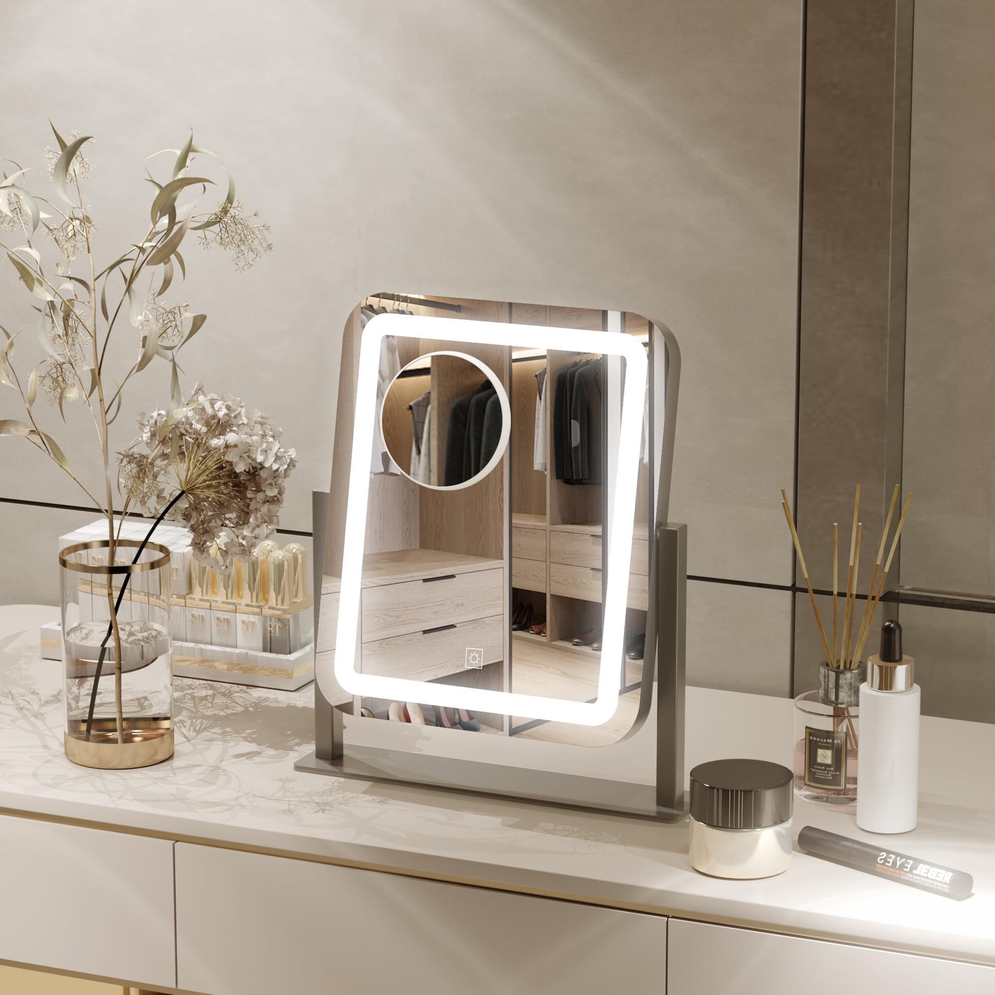 PRIMETEK Hollywood makeup mirror adds elegant style to vanity spaces.