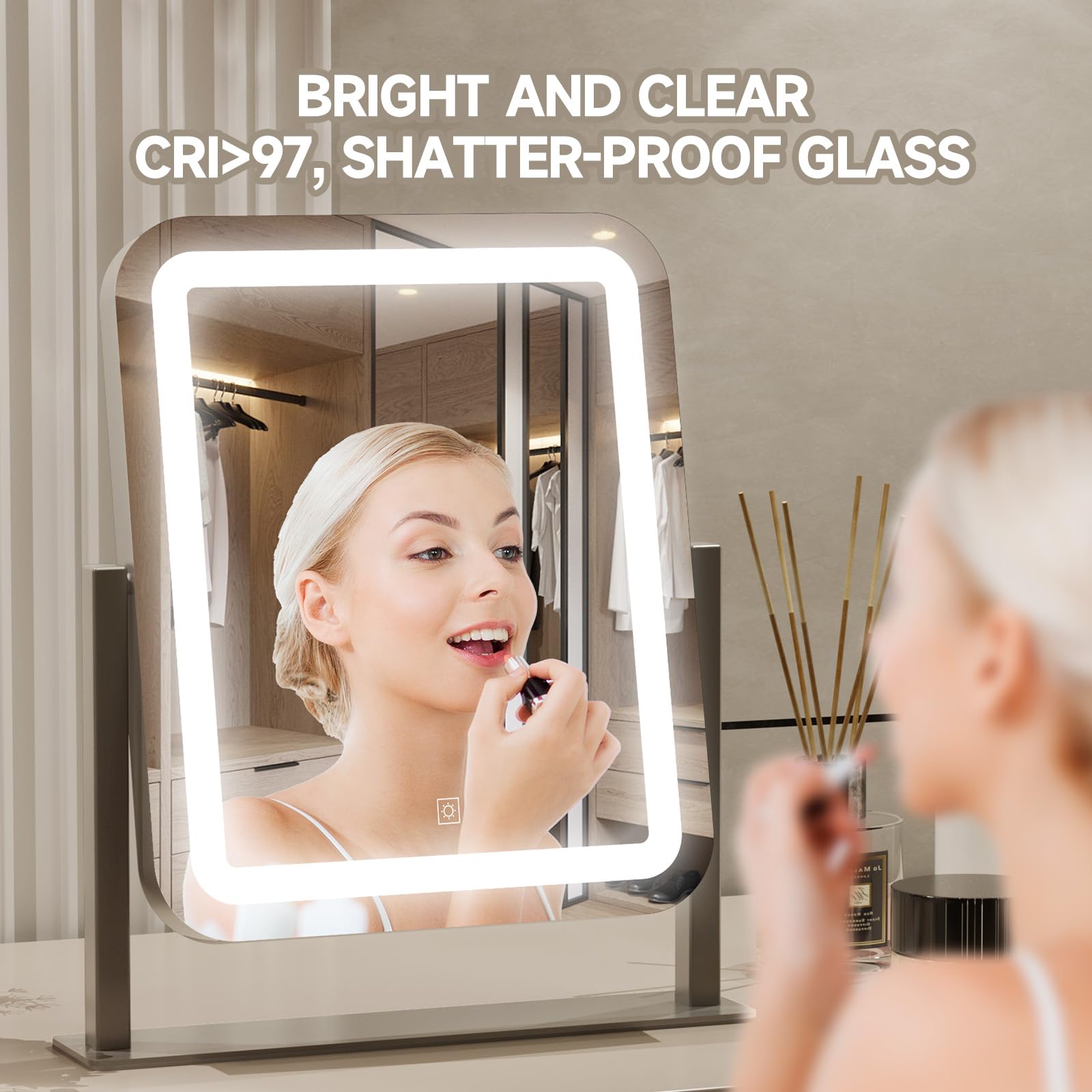 PRIMETEK LED makeup mirror full-view provides clear visibility for skincare routines.