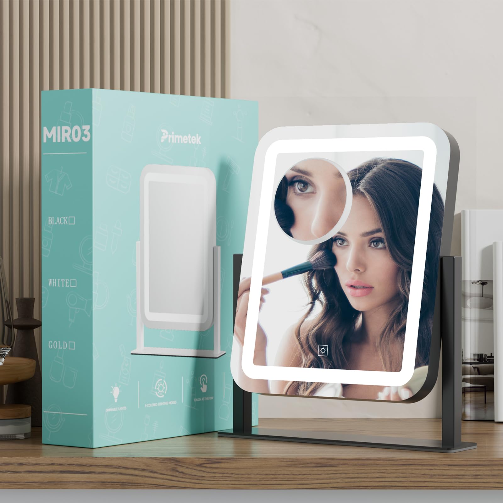 PRIMETEK vanity mirror with three-color lighting enables versatile mood settings.