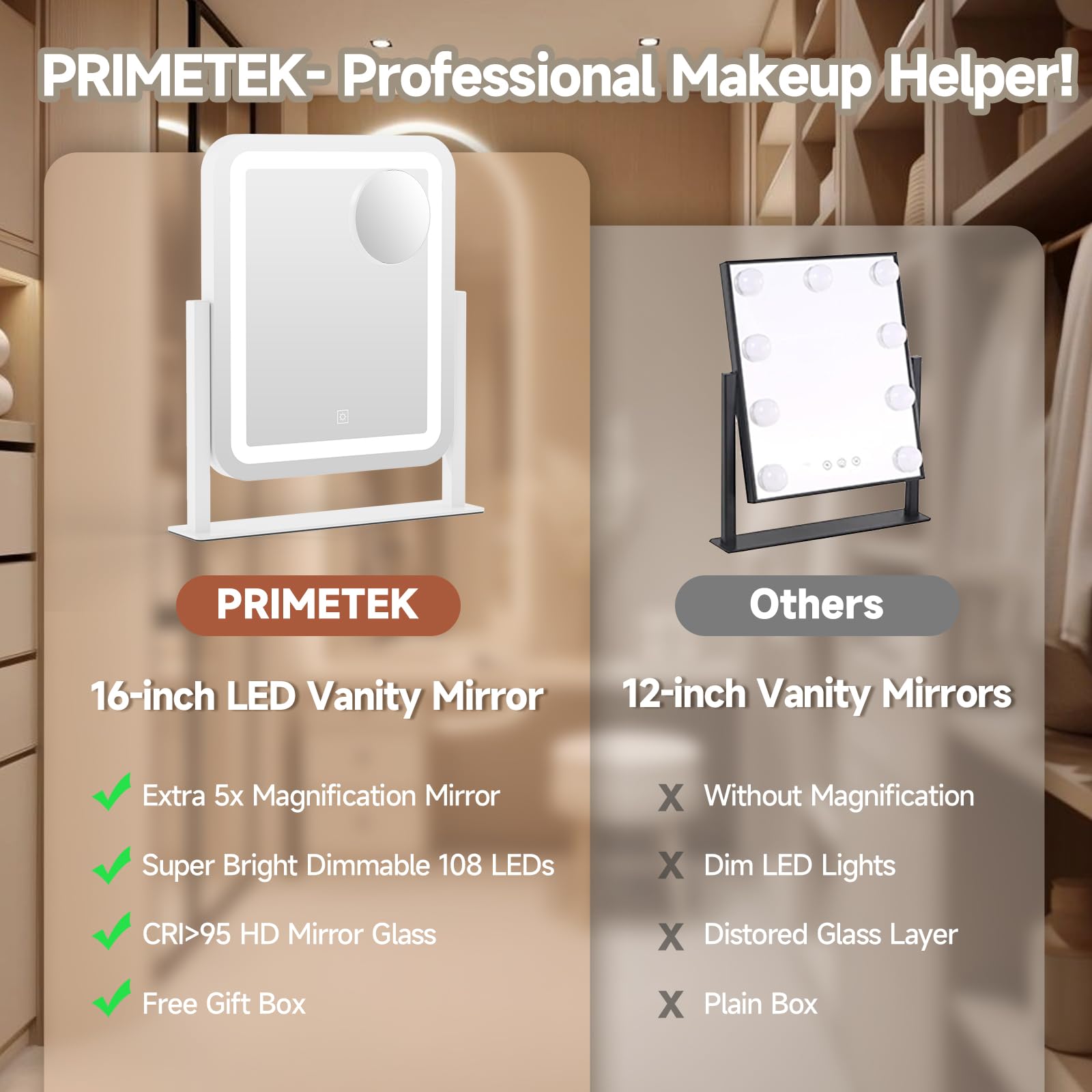 PRIMETEK vanity mirror 5X magnification aids precise detail checks