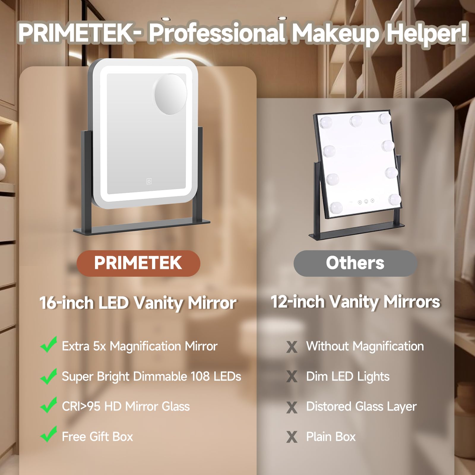 PRIMETEK vanity mirror on desk/tabletop supports daily makeup routines.