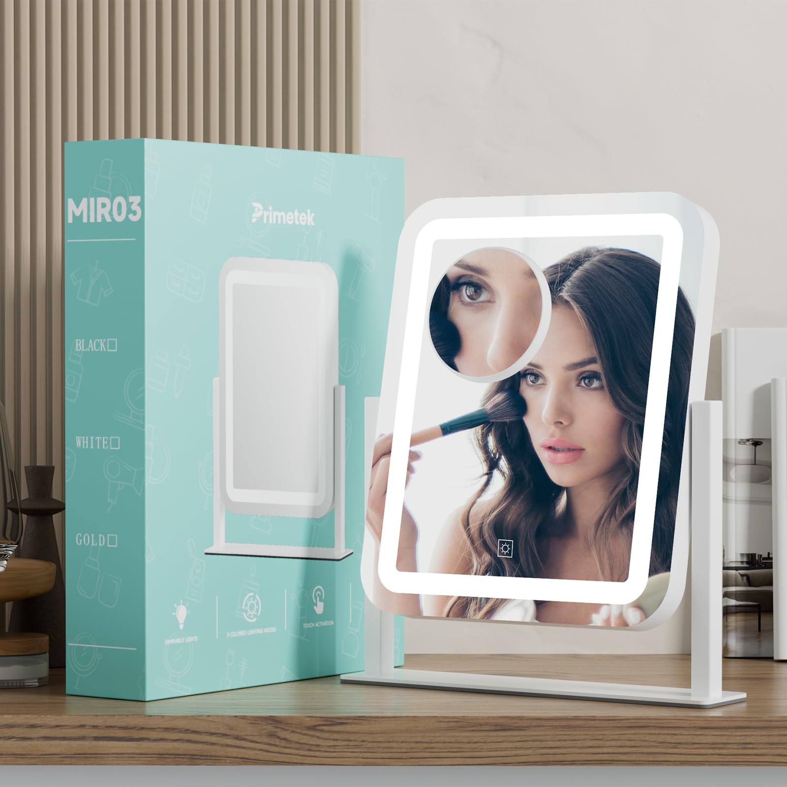 PRIMETEK vanity mirror with three-color lighting for customized ambience