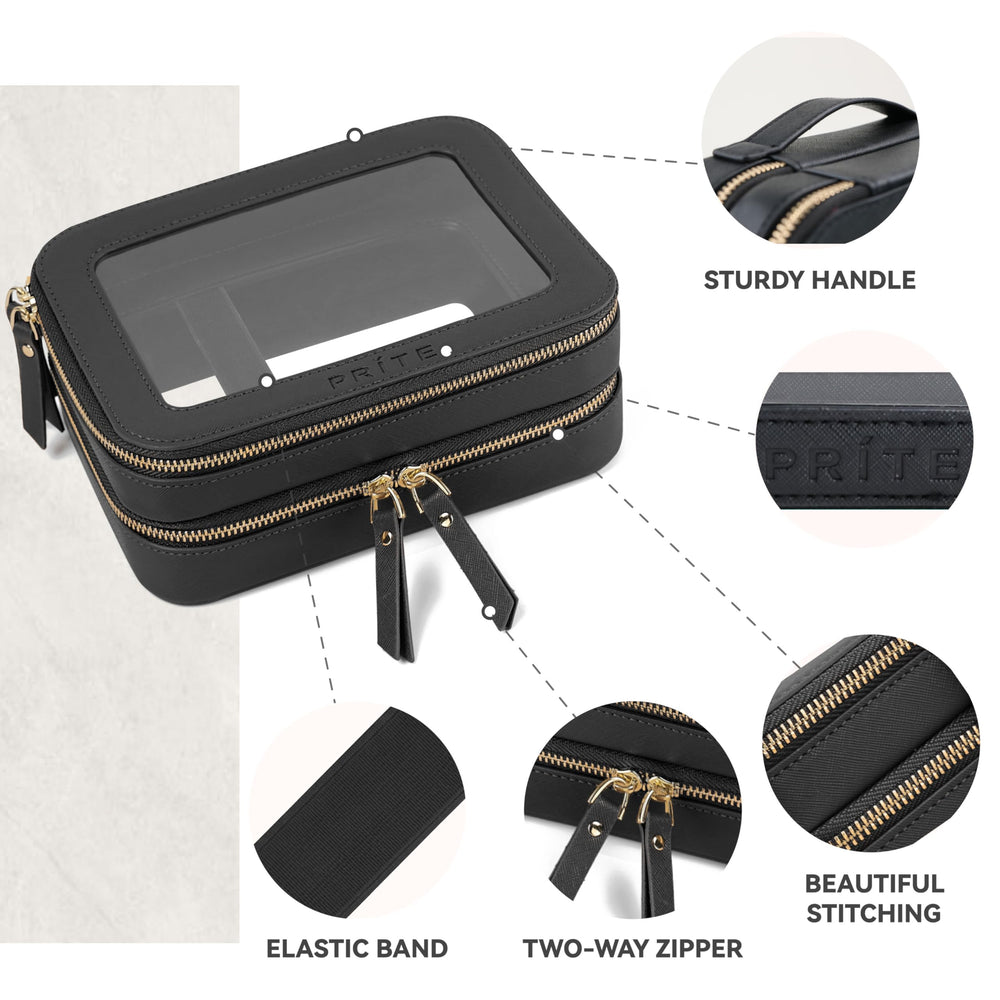 Prite black makeup bag with polished hardware for sleek daily use