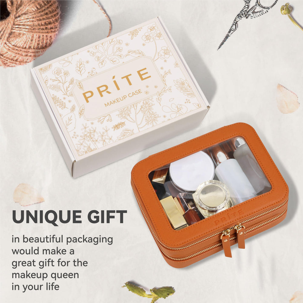 Prite brown makeup bag in use for toiletries and cosmetics organization on the go