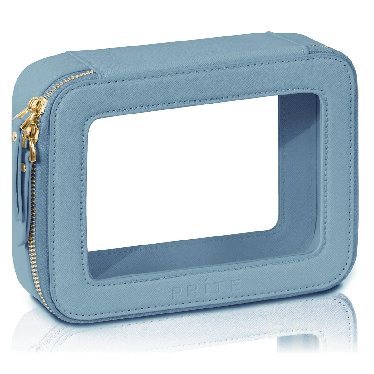 Prite clear makeup bag blue with golden zipper for easy viewing and secure storage.