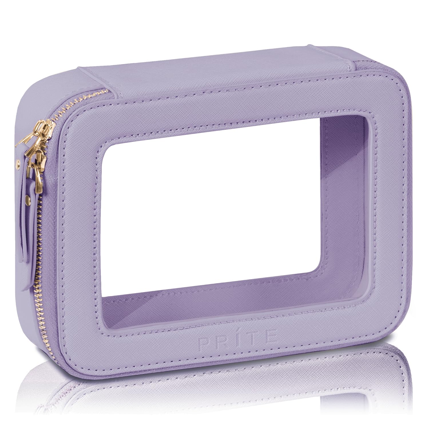 Prite clear makeup bag with boxy violet design for easy travel organization.