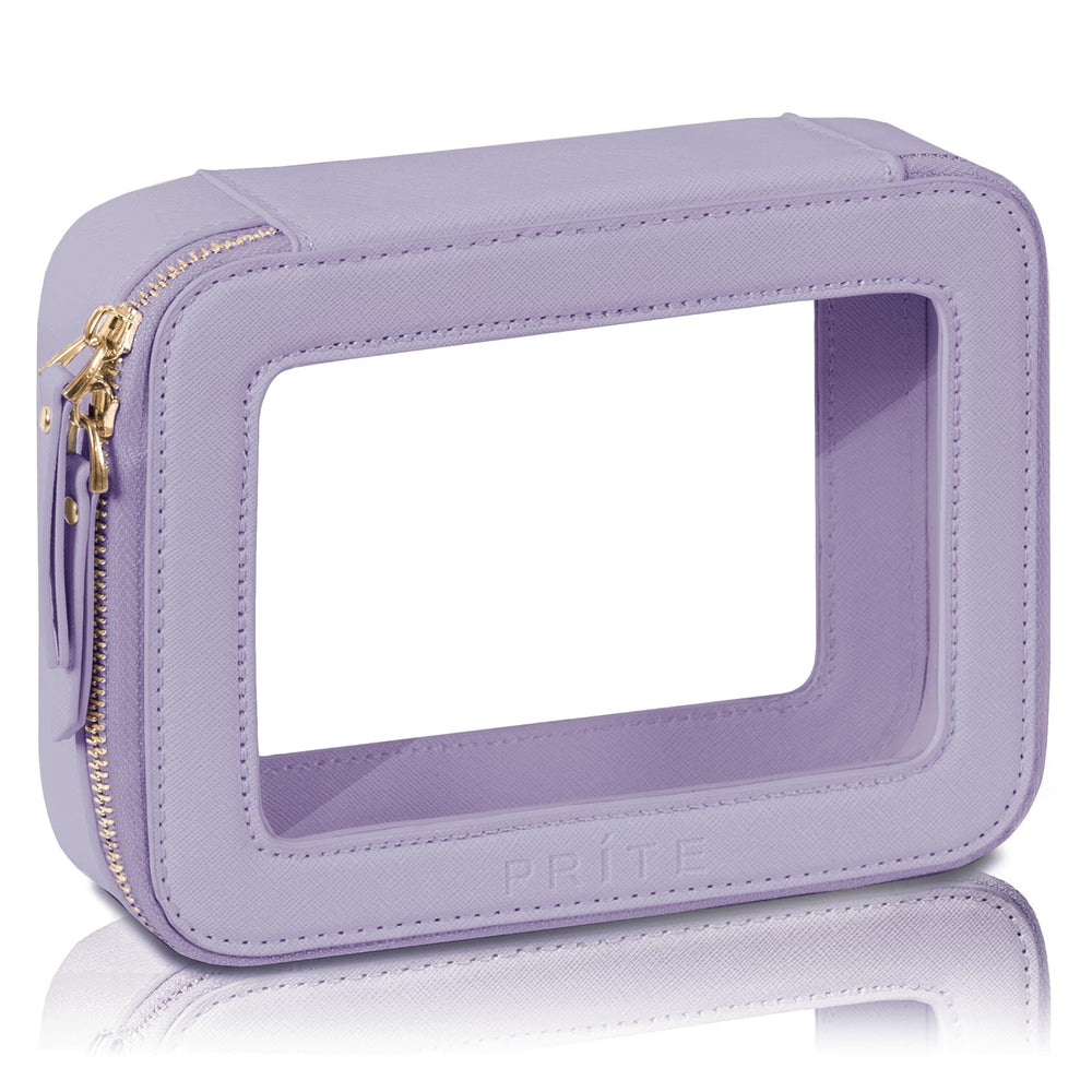 Prite clear makeup bag with boxy violet design for easy travel organization.