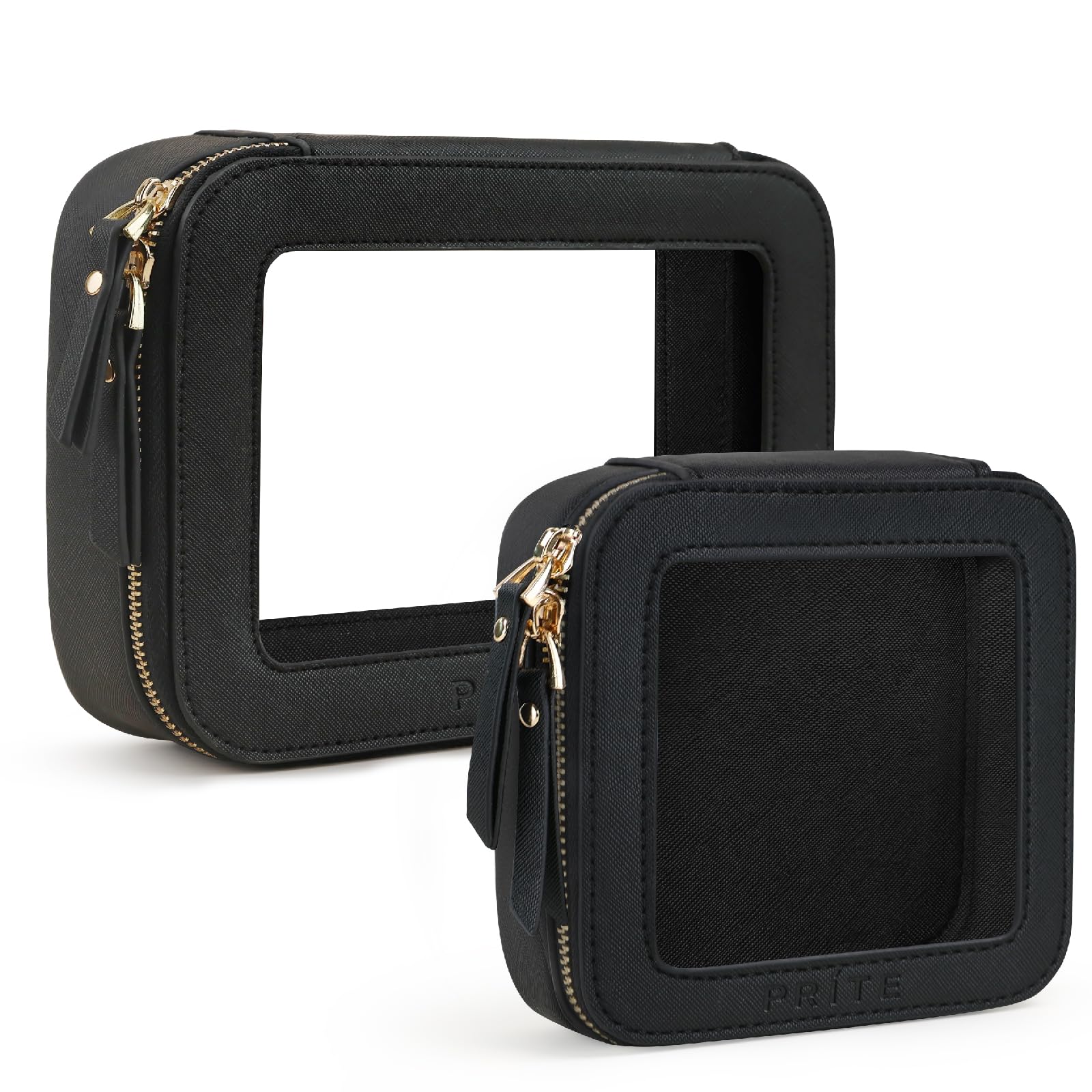 Prite clear makeup bag closed with gold zipper, a stylish travel-ready accessory.