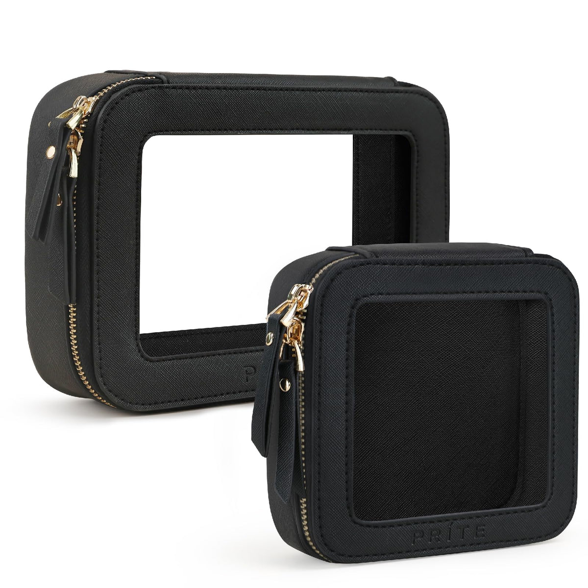 Prite clear makeup bag closed with gold zipper, a stylish travel-ready accessory.