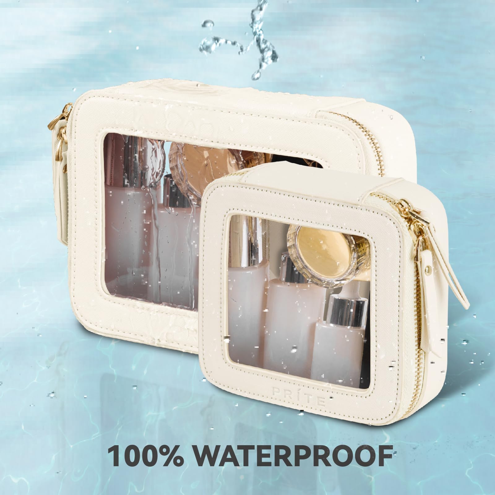 Prite Clear Makeup Bag compact size fits cosmetics on the go.