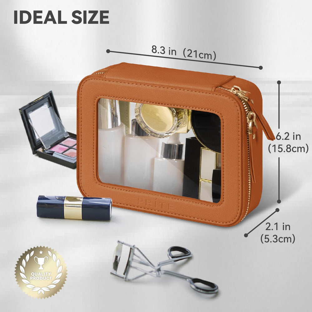 Prite Clear Makeup Bag interior shows roomy capacity with dimensions 8.3 by 6.2 by 2.1 inches