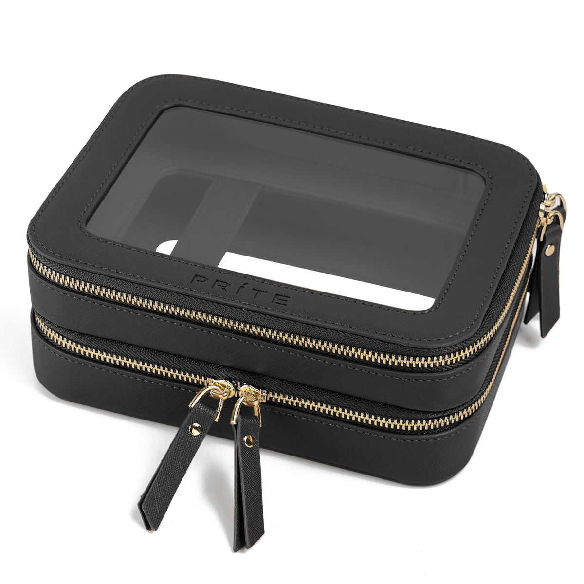 Prite clear makeup bag with double-layer design and brush compartment for organized travel