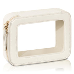 Prite clear makeup bag front view in beige vegan leather with a golden zipper for quick item grab.