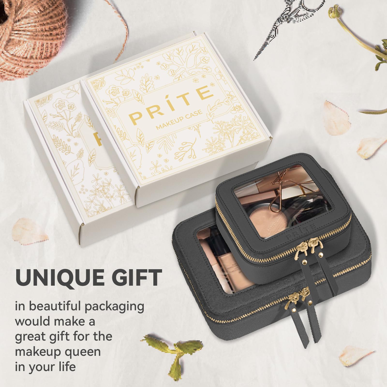 Prite clear makeup bag gift box, elegant packaging for holiday gifting.