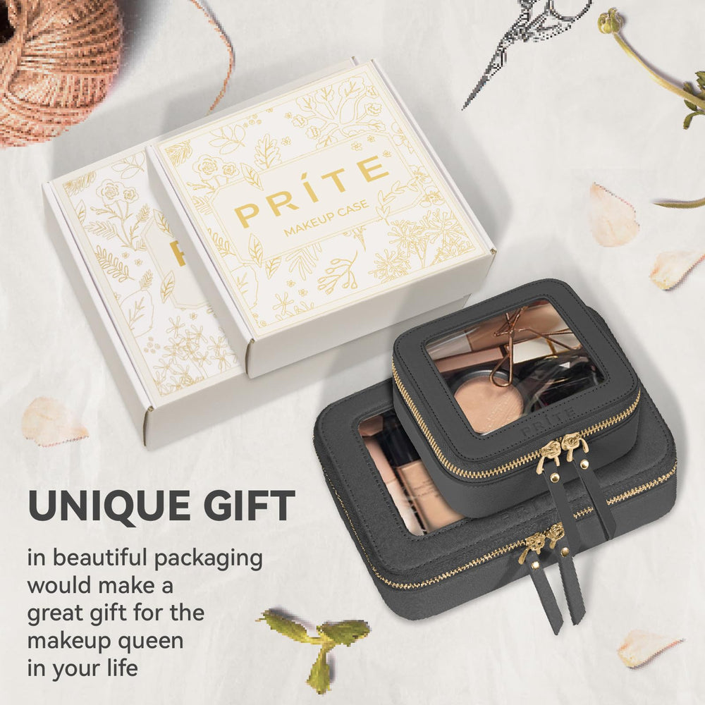 Prite clear makeup bag gift box, elegant packaging for holiday gifting.