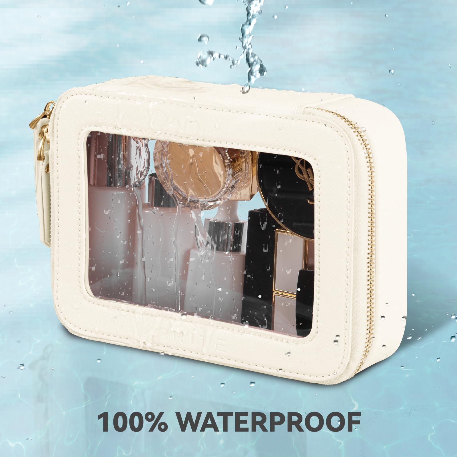 Prite clear makeup bag golden zipper close-up highlighting luxe hardware.