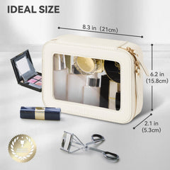 Prite clear makeup bag open inside showing transparent panel for easy visibility of essentials.