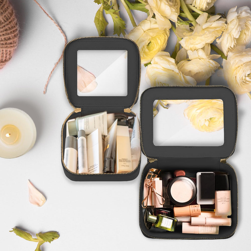 Prite clear makeup bag open view for quick access on the go.