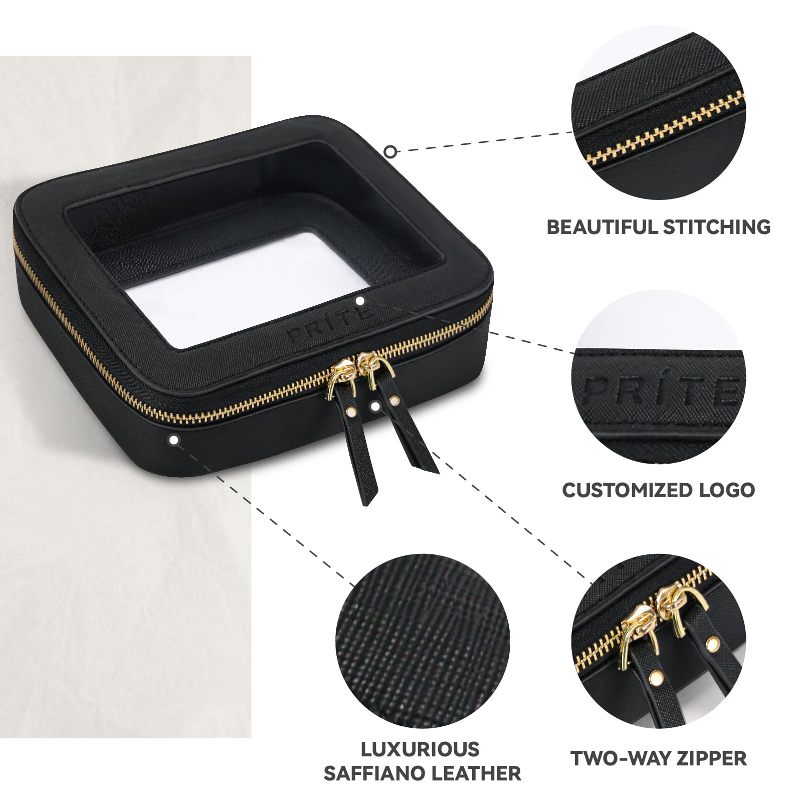 Prite clear makeup bag water-resistant material ready for easy wipe-clean care.
