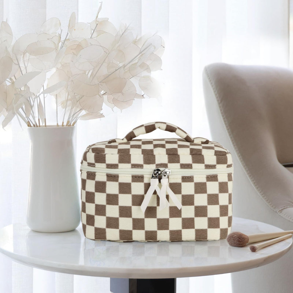 Prite quilted makeup bag close-up showing plush texture and durability