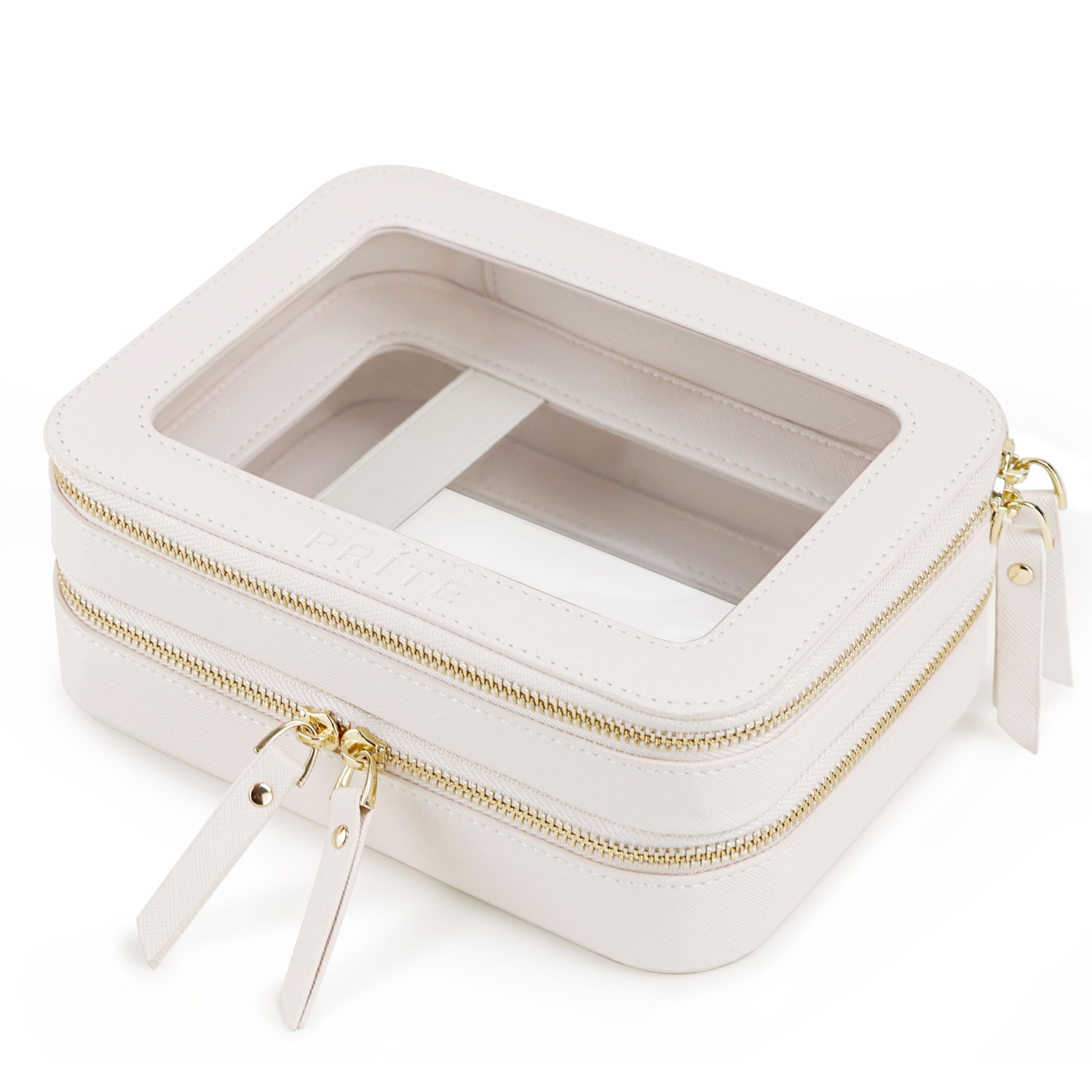 Prite double-layer makeup bag beige with gold zipper for organized travel storage