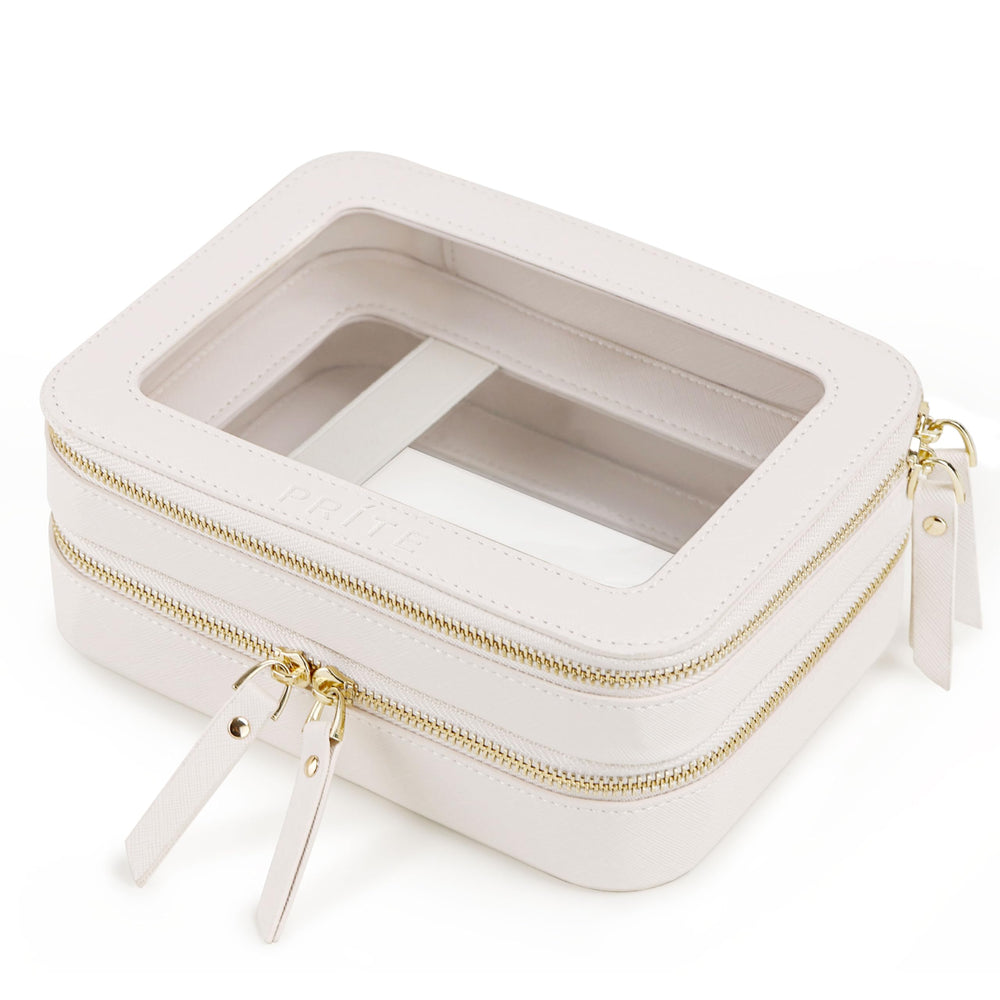 Prite double-layer makeup bag beige with gold zipper for organized travel storage