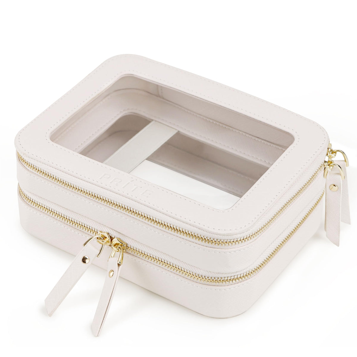 Prite double-layer makeup bag beige with gold zipper for organized travel storage