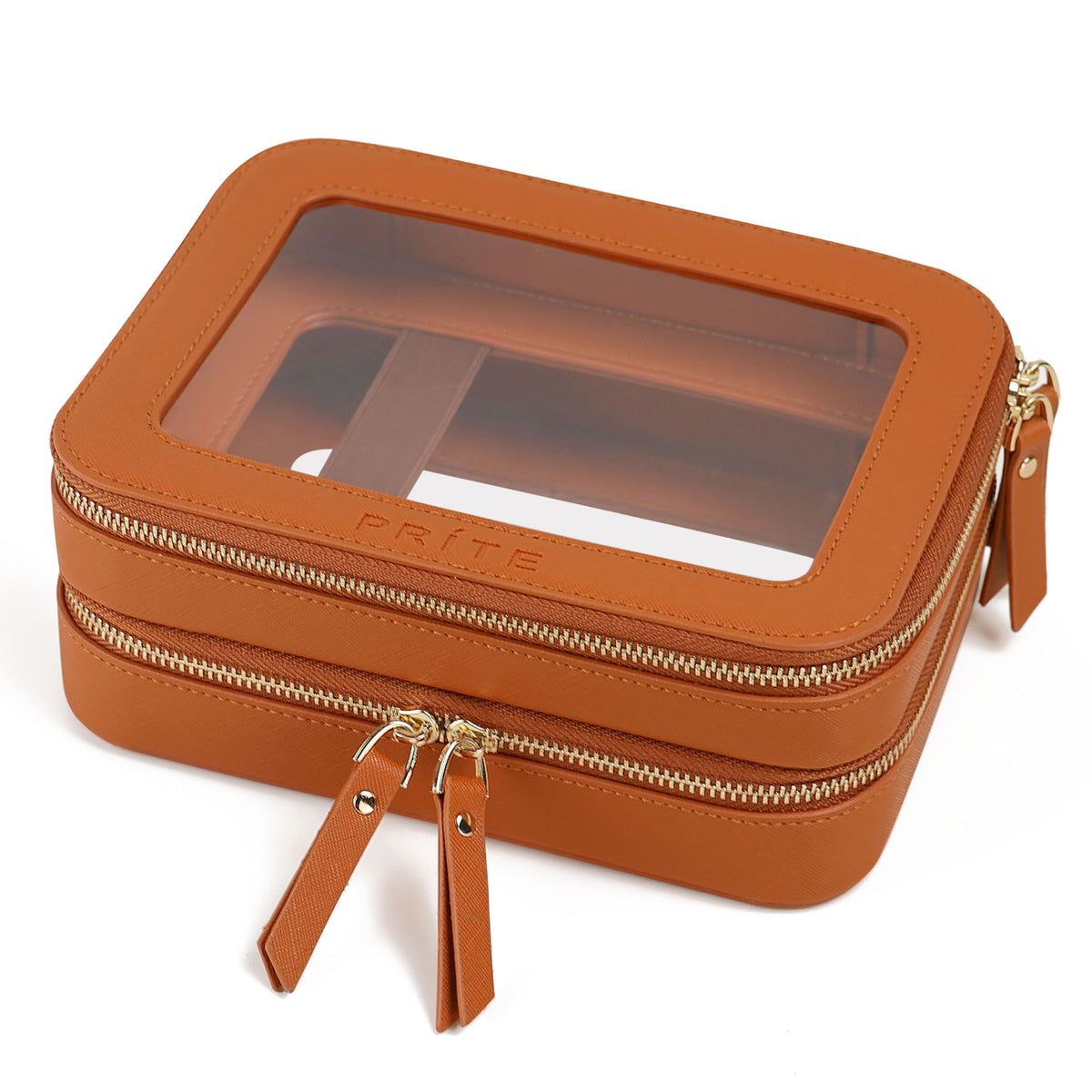 Prite large clear makeup bag front view with double-layer storage for cosmetics