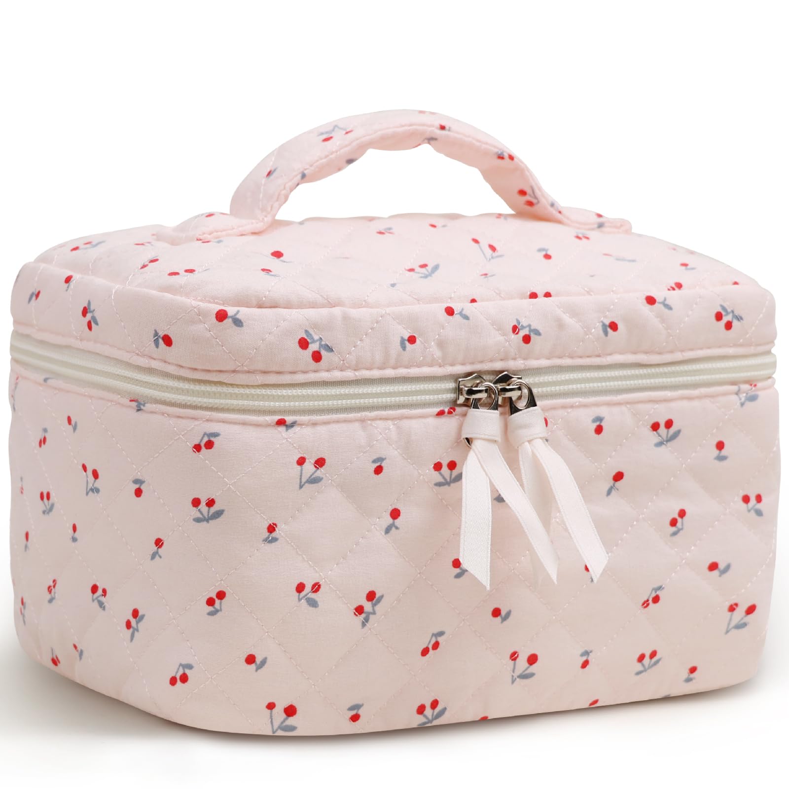 Prite large cosmetic bag with floral pattern offers spacious interior for cosmetics.