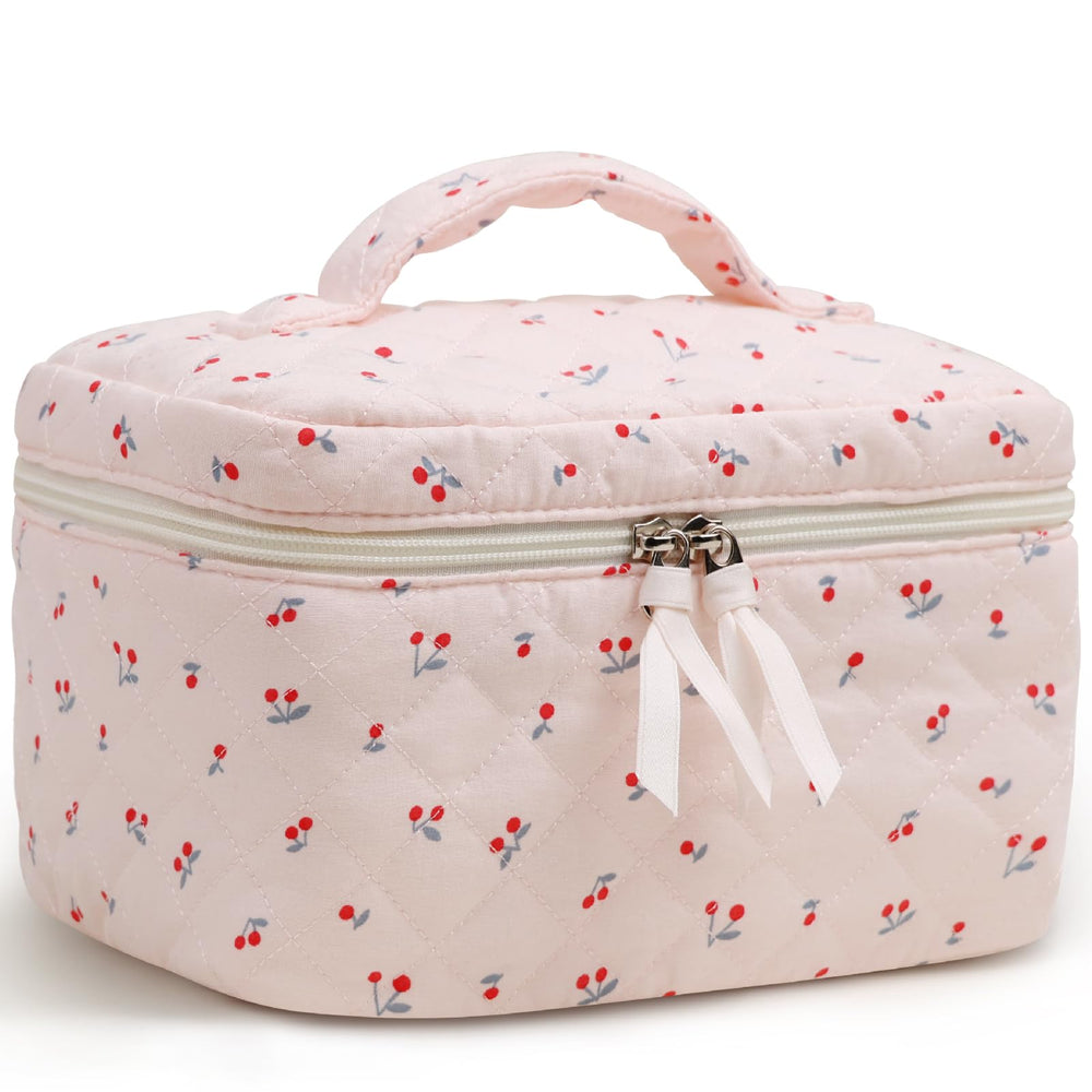 Prite large cosmetic bag with floral pattern offers spacious interior for cosmetics.