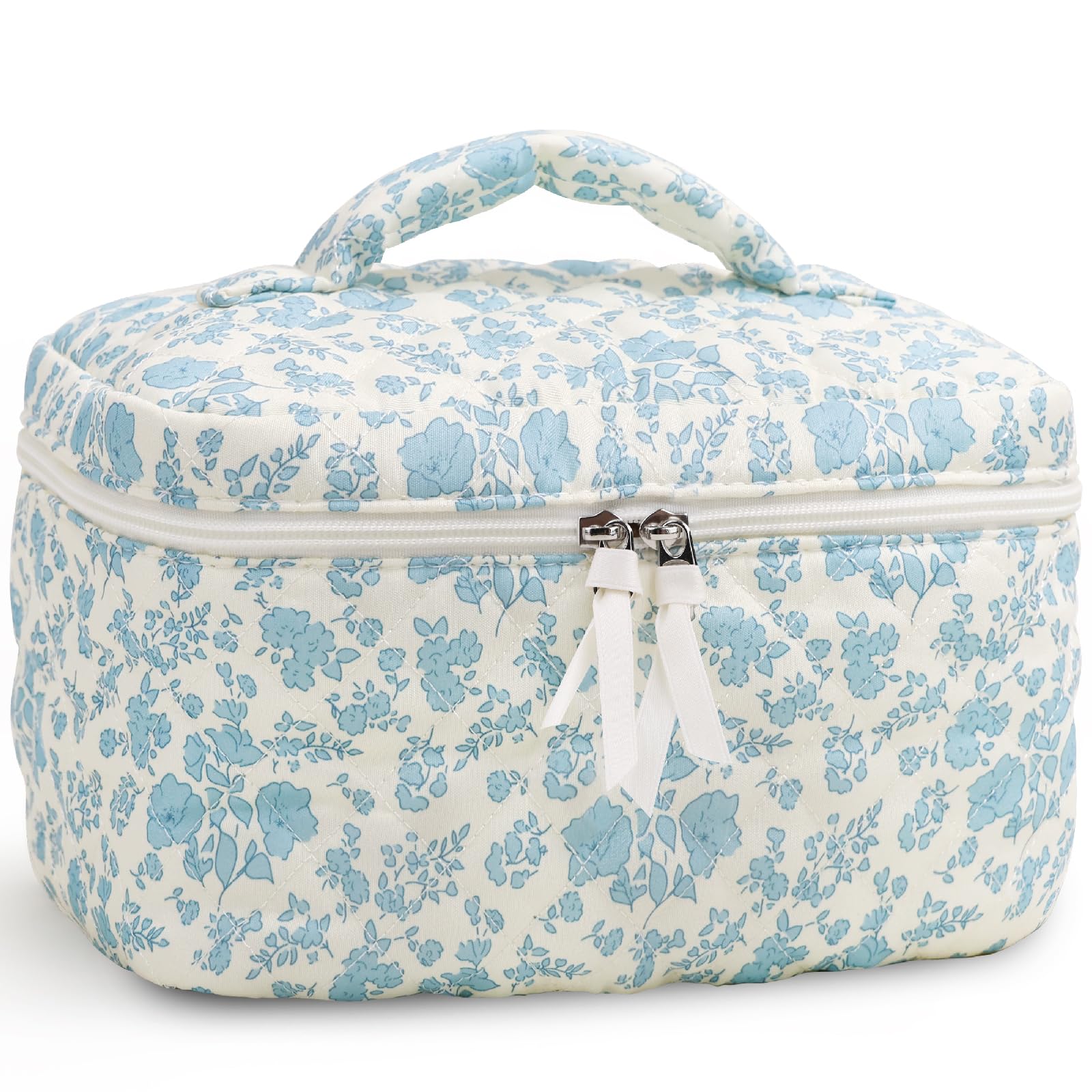Prite large makeup bag blue flower front view shows ample storage for cosmetics on the go.