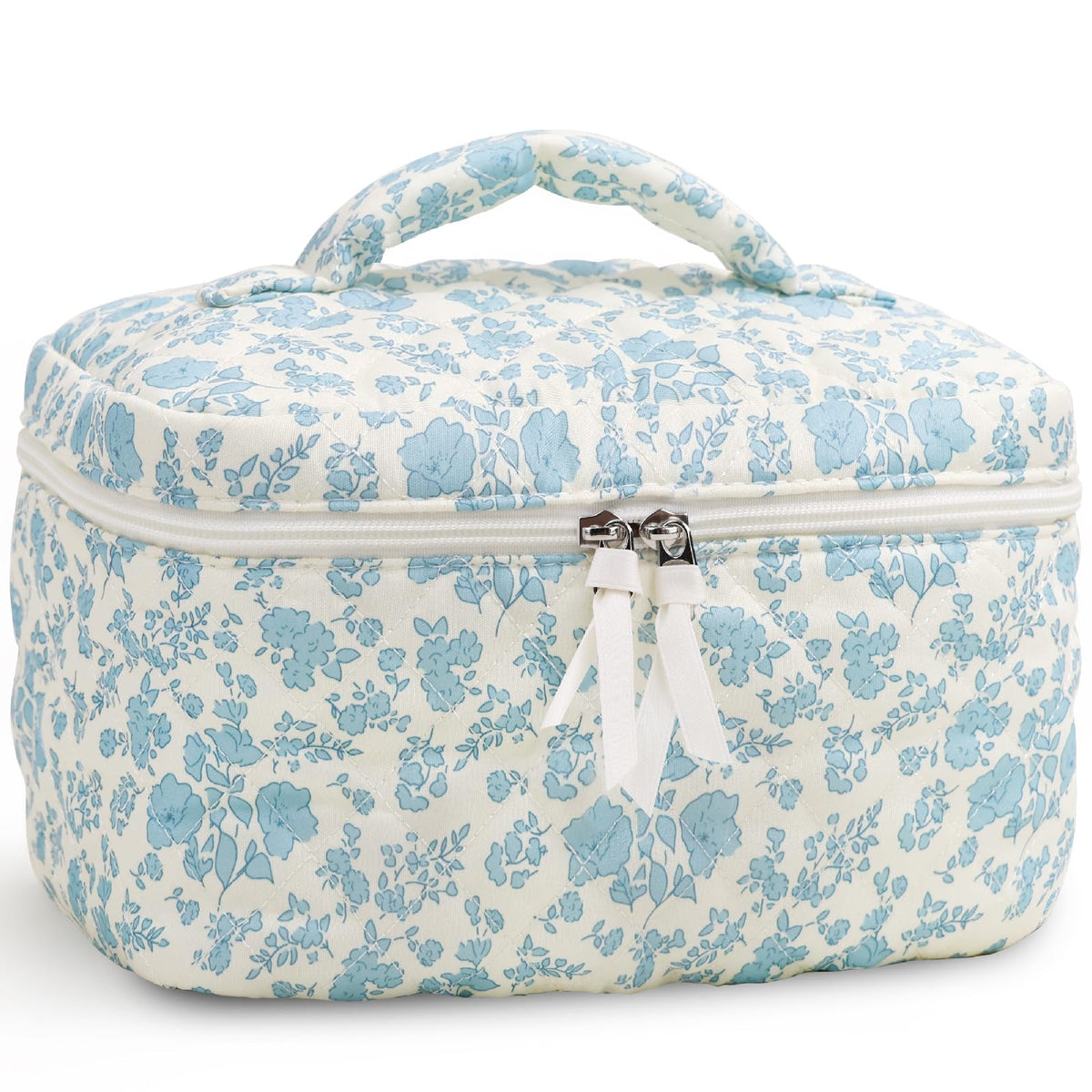 Prite large makeup bag blue flower front view shows ample storage for cosmetics on the go.