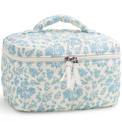 Prite large makeup bag blue flower front view shows ample storage for cosmetics on the go.