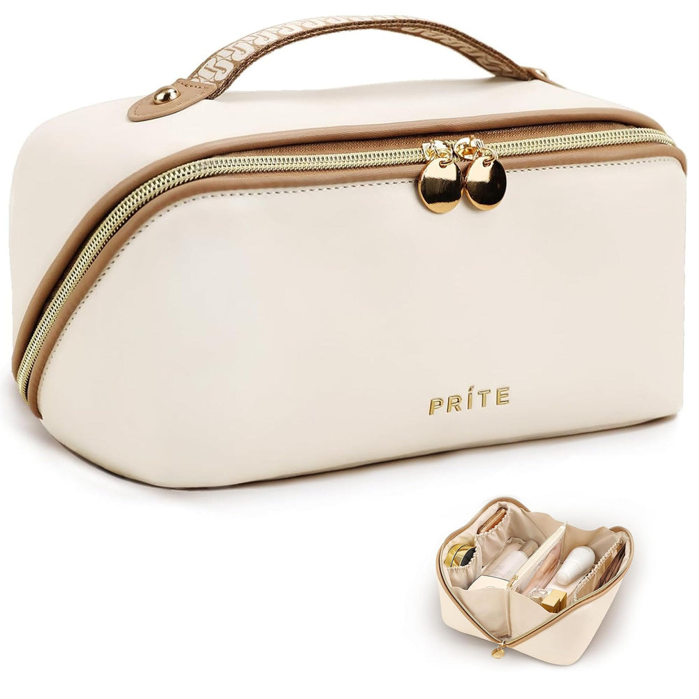 Prite makeup bag beige waterproof vegan leather with travel protection