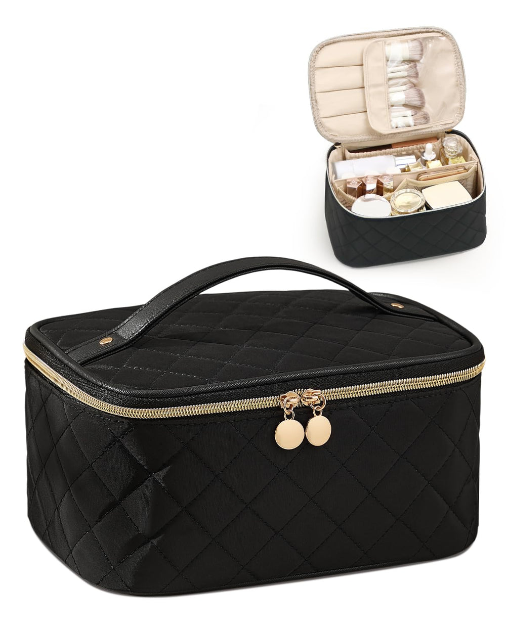 Prite makeup bag with black rhombus design offers durable storage for travel