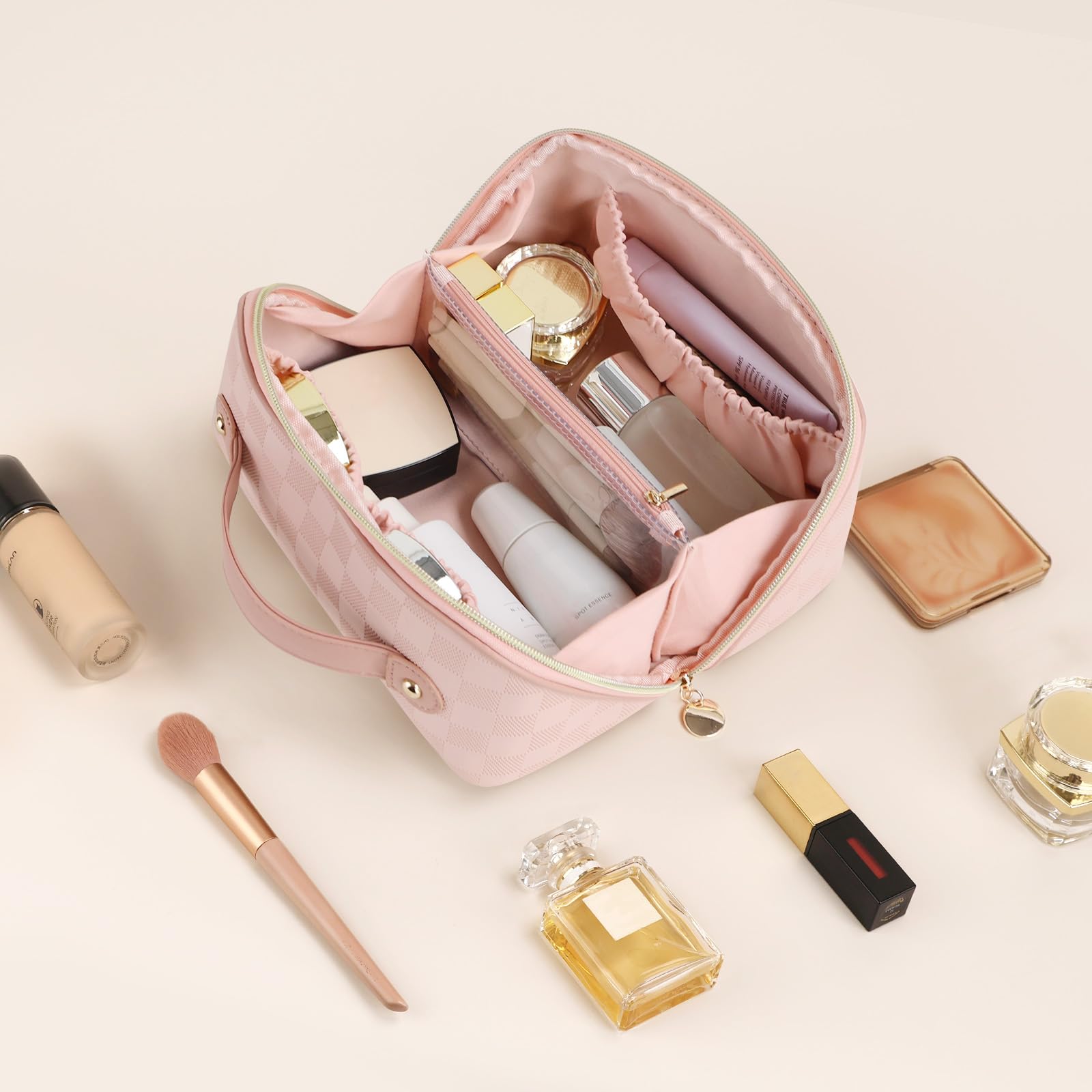 Prite plaid pink gift-ready cosmetic bag for beauty lovers.