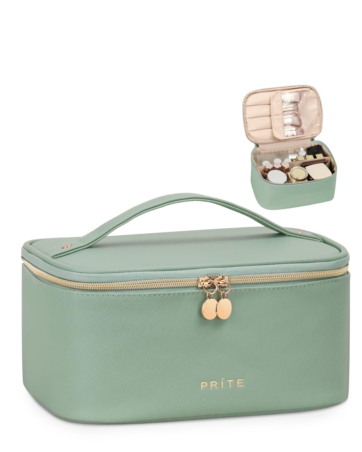 Prite makeup bag green brush-compartment keeps brushes organized on the go.