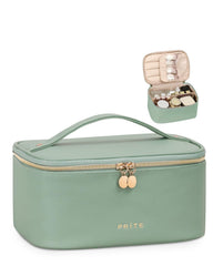 Prite makeup bag green brush-compartment keeps brushes organized on the go.