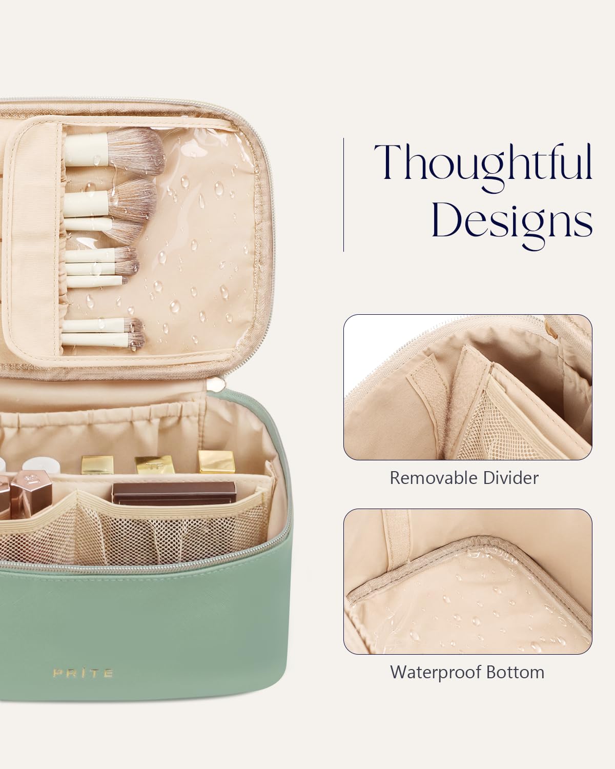 Prite makeup bag green handle allows easy carry on the go.
