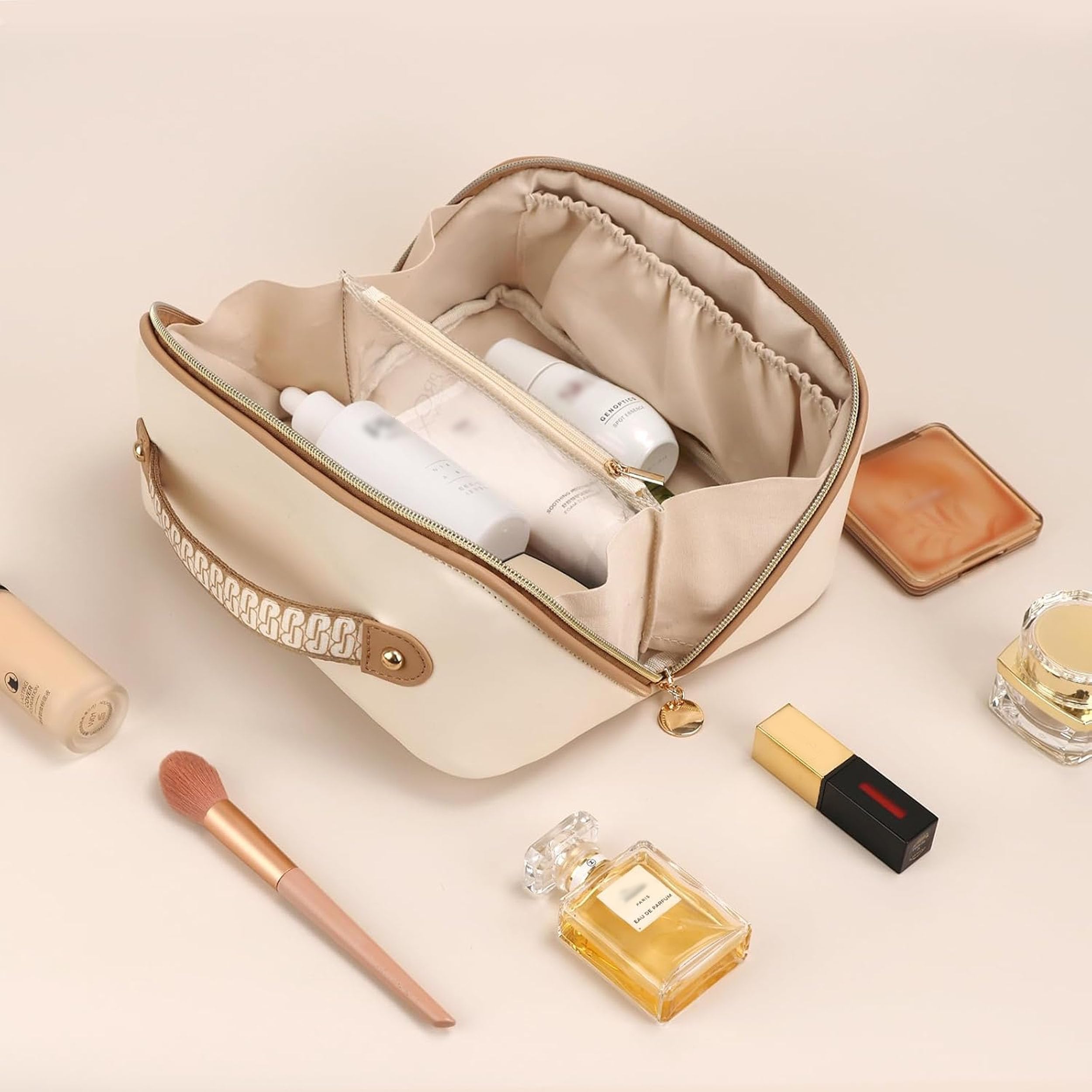 Prite makeup bag open flat view showing roomy compartments for quick access