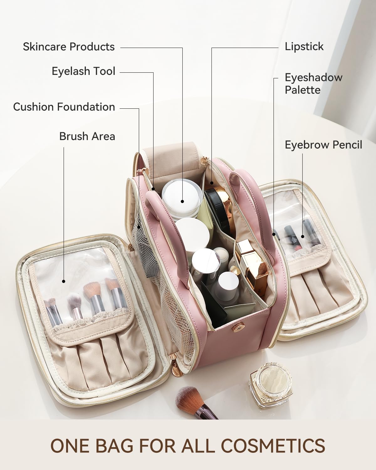 Prite makeup bag pink large compartments showing organized storage