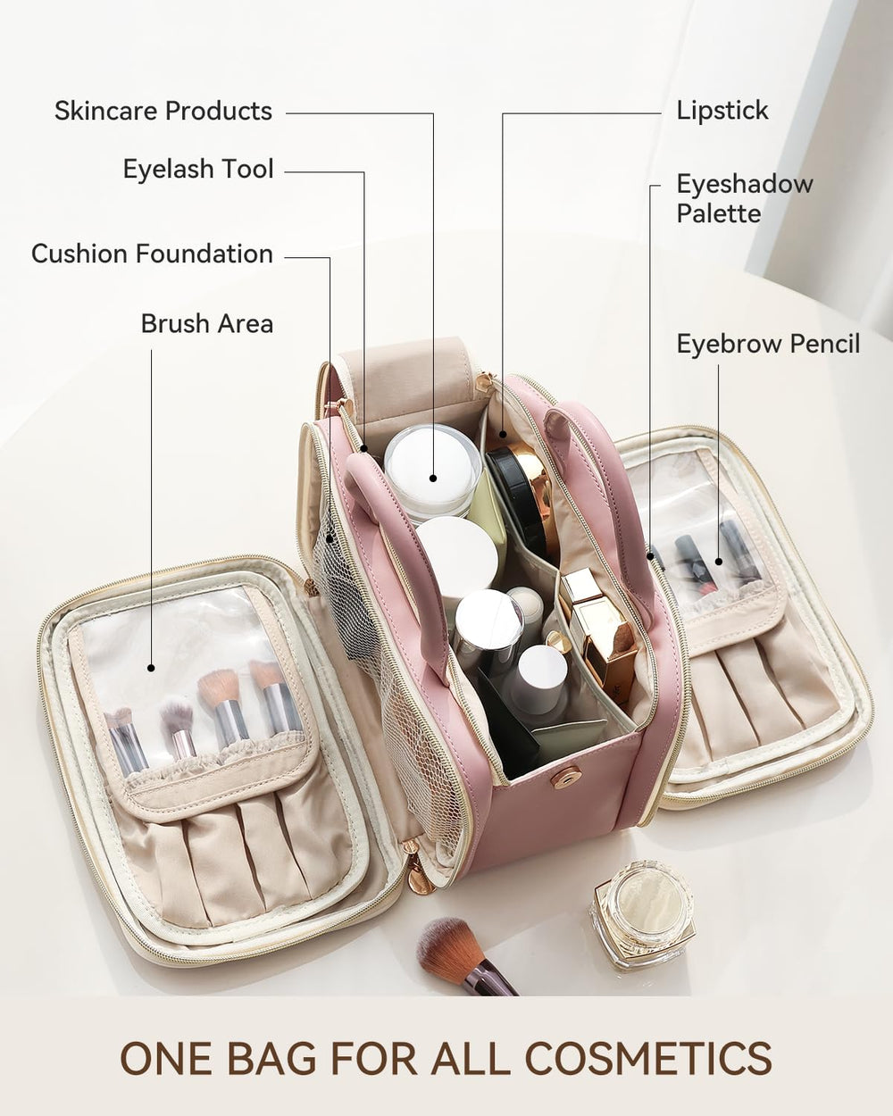Prite makeup bag pink large compartments showing organized storage