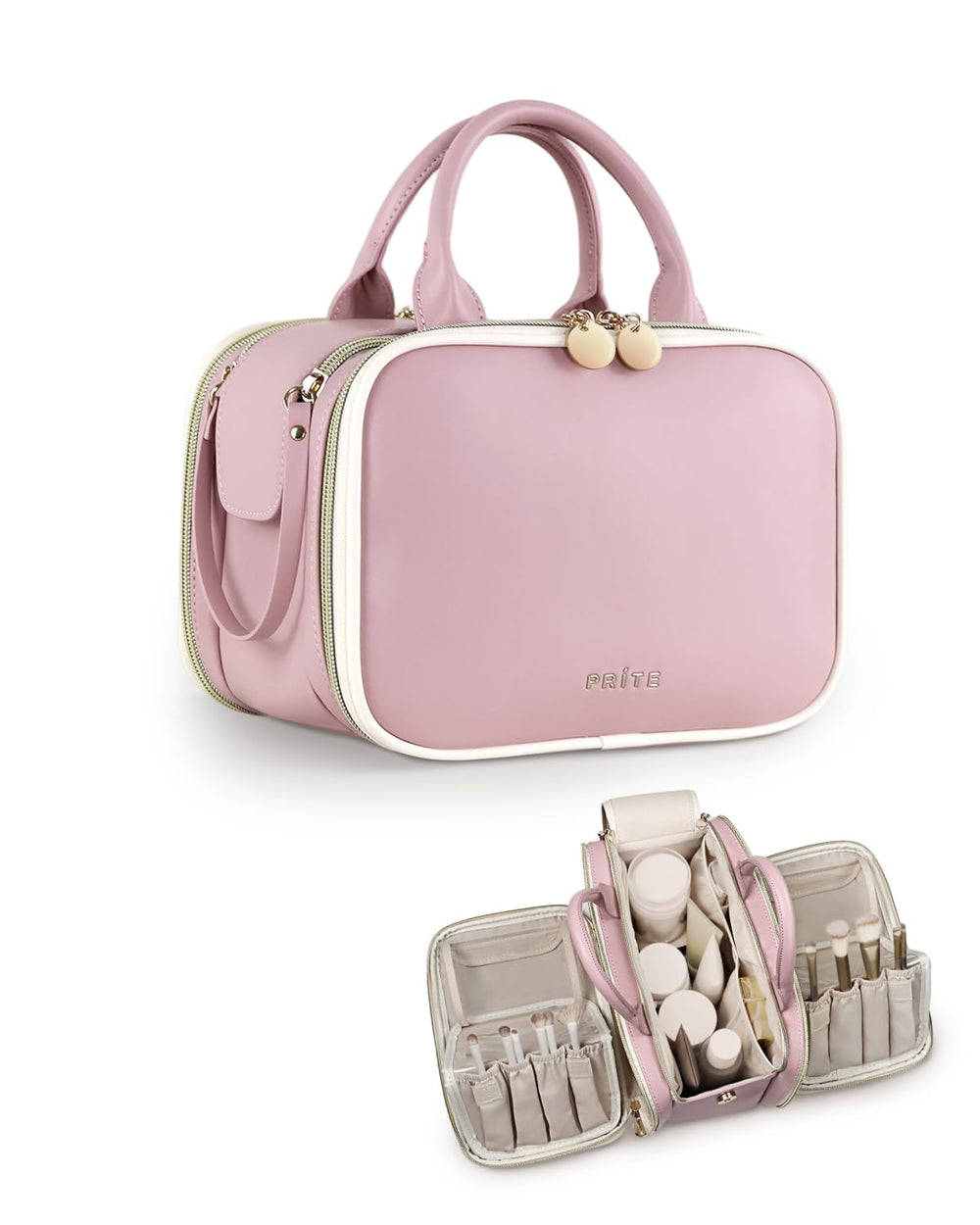 Prite makeup bag pink large front view for travel organization