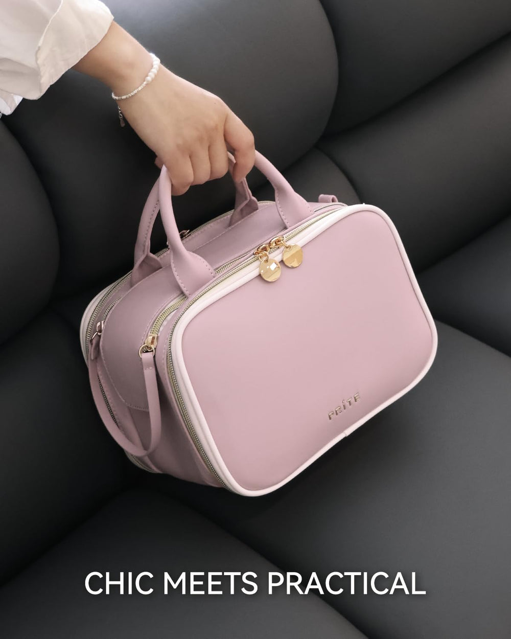 Prite makeup bag pink large top-handle portable on-the-go