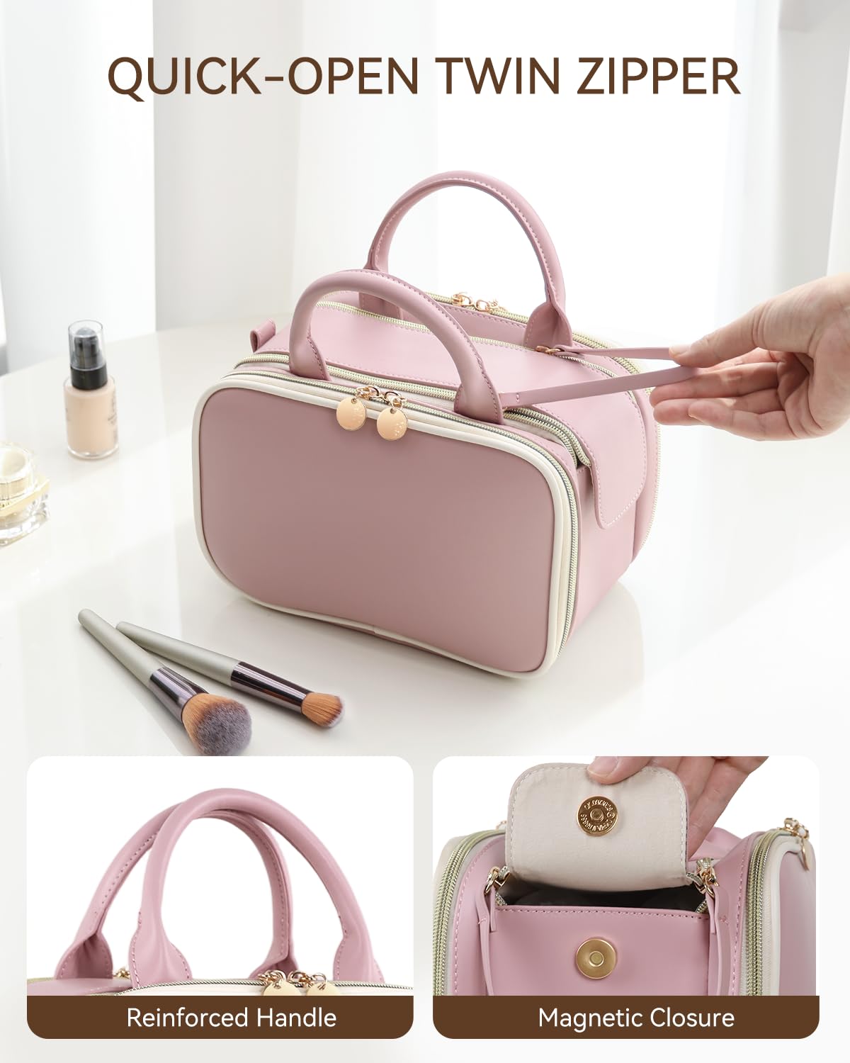 Prite makeup bag pink large waterproof leather for durable travel