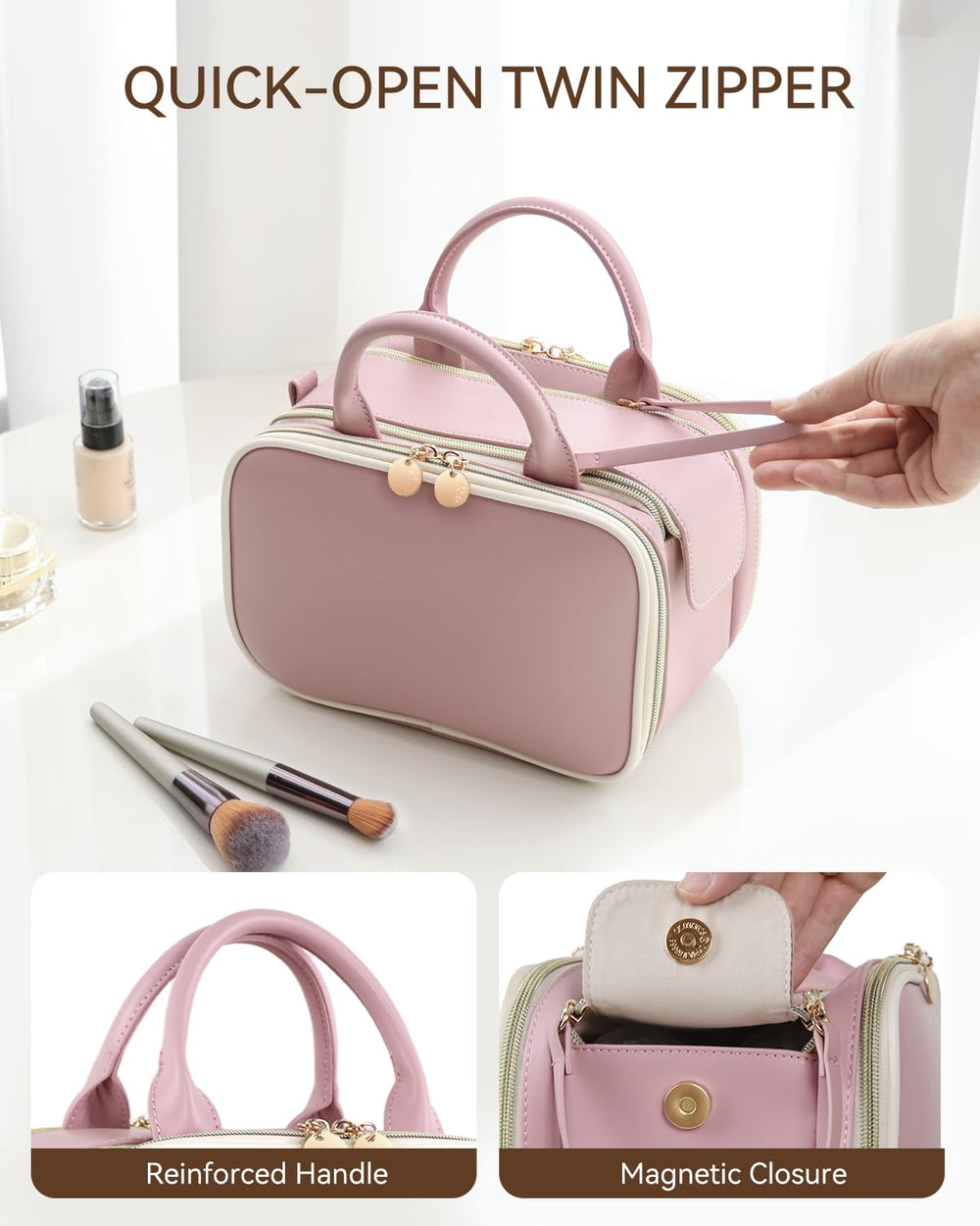Prite makeup bag pink large waterproof leather for durable travel