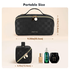 Prite plaid makeup bag features three compartments for organized essentials