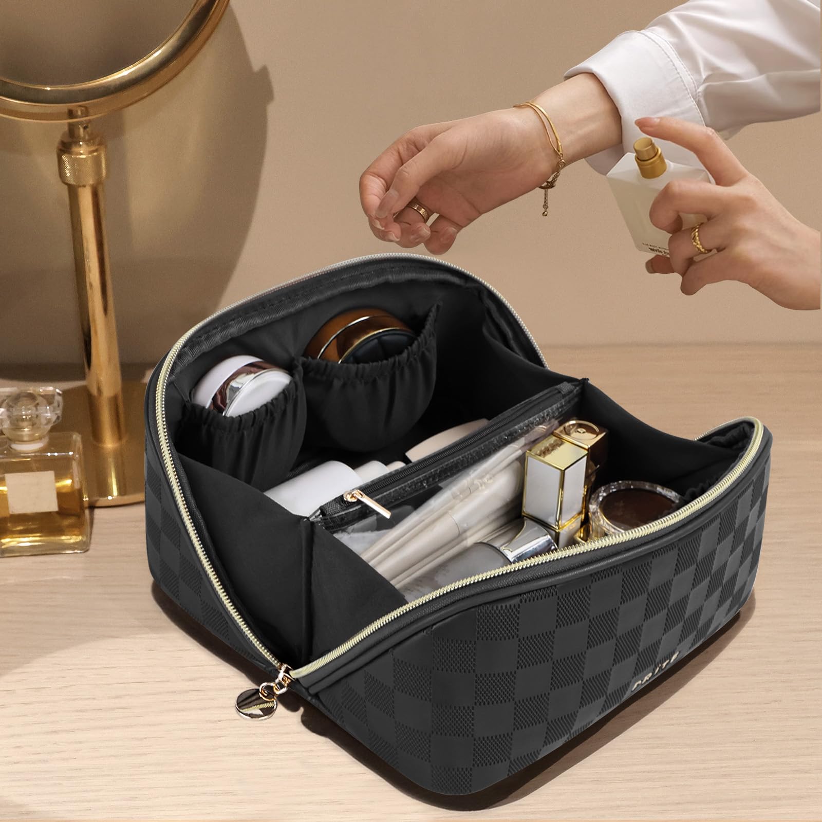 Prite plaid black makeup bag with clear divider shows brushes neatly separated